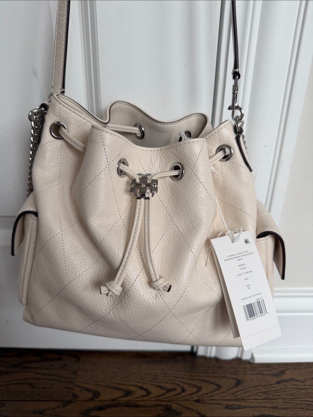 Tory Burch Cream Quilted Drawstring Bucket Bag